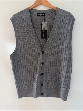 Kallspin Wool Cashmere Blend Sweater Vest Men's Large Cable Knit Button Front